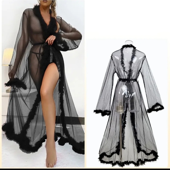 Red Sheer Feather-Trimmed Robe - Picture 2 of 3